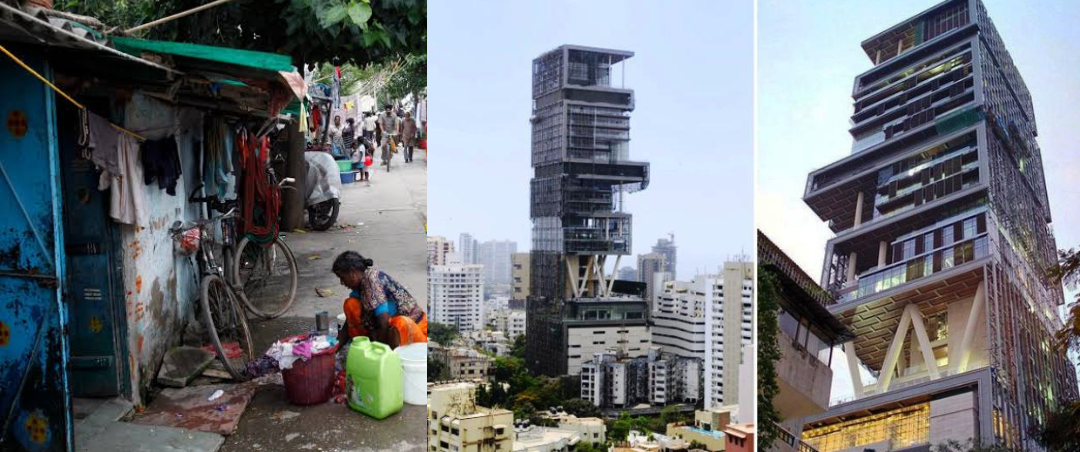 Picture of Antilia the residence of billionaire Mukesh Ambani and a view slums in India to illustrate the gap between the rich and the poor.